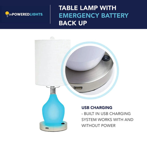 Emergency Battery Back Up Table Lamp With USB Charging And Color Changing Base, Safe Night Light For Nursery And Bedroom, Cozy Vibe Decor Lamp That Looks Great And Keeps You Powered Up During Outages