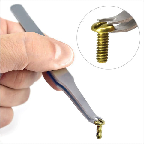 Black Screw Holding Tweezers For Tiny Screws And Small Parts Stainless Steel Grippy Tool holding a gold screw