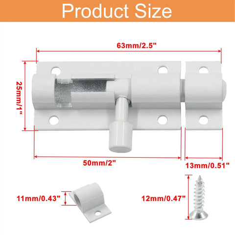 2 Pack White Barrel Bolt Latch 2 Inch Sliding Door Lock Aluminum Alloy Slide Bolt Heavy Duty Gate Hardware dimensions and features.