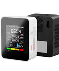 Handheld Five In One Air Quality Monitor That Sniffs Out Carbon Dioxide Co Temperature Humidity Tvoc Hcho Gas Leaks With Hella Accurate Readings Built Dang Handy For Warehouse Or Home Setup, showing detailed LCD screen.
