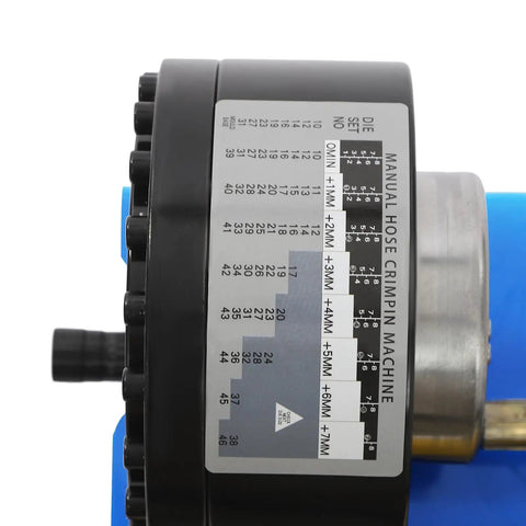 Heavy Duty Hydraulic Hose Crimping Tool Kit With Eight Precision Dies Manual Handheld High Pressure Crimper Machine For Automotive Repairs control panel showing die settings.