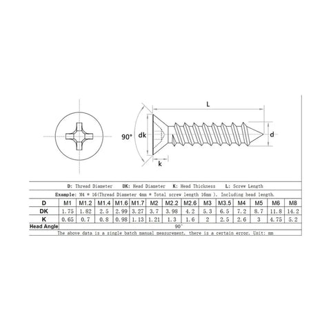 Diagram of Heavy Duty Stainless Steel Flat Head Tapping Wood Screws Set 60mm Long Countersunk Self Tapping Screws M4 To M8