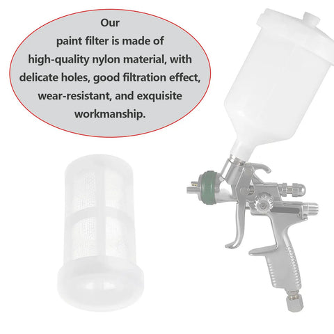 Ten Piece Heavy Duty Nylon Paint Sprayer Filter Kit 50 Mesh Suction Feed Strainers Built For Dead Smooth Gravity And Pneumatic Spray Guns with filter and sprayer.
