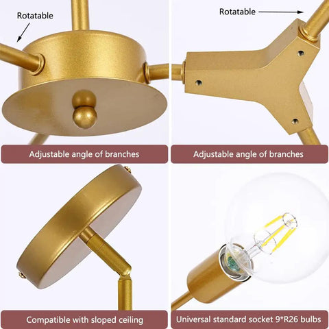 Gold 9 Light Sputnik Chandelier Modern Metal Ceiling Hanging Light adjustable branches and sockets detail