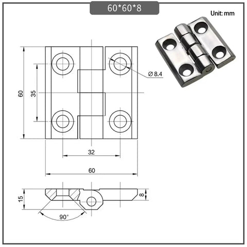 Sturdy Thickened Hinges For Industrial Automation And Motor Equipment Hardware Accessories 60x60x8mm dimensions drawing and steel hinge features.