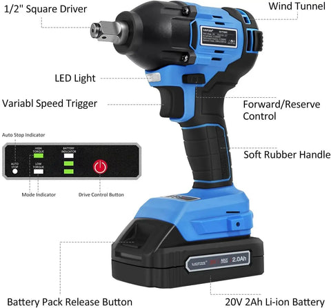 Cordless Brushless Half Inch Impact Wrench with 260 Ft Lbs Max Torque 2.0Ah Battery showing controls and features