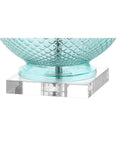 Aqua Diamond Etched Glass And Crystal Table Lamp 26 Inch Tall Coastal Transitional Bedside Light With White Linen Drum Shade LED Bulb Included ETL Listed Energy Saving Modern Home Decor, showing base detail.