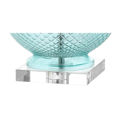 Aqua Diamond Etched Glass And Crystal Table Lamp 26 Inch Tall Coastal Transitional Bedside Light With White Linen Drum Shade LED Bulb Included ETL Listed Energy Saving Modern Home Decor, showing base detail.
