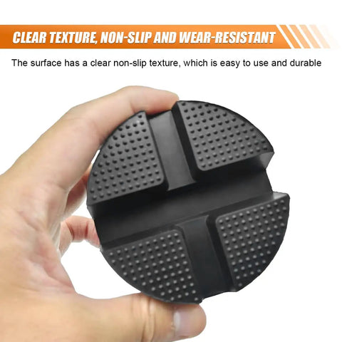 Heavy Duty Rubber Cross Slotted Jack Adapter Puck Pad With Anti Slip Pinch Weld Side Support Block for car lift, showing textured surface.