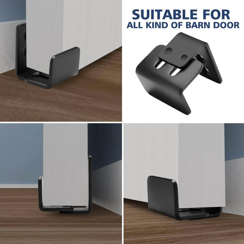 Bottom Floor Guide For Sliding Barn Doors U Shape Adjustable Stay Roller Flexible Fit Distance Flush Flat Bottom Design Wall Mount System For Doors And Cabinets 2 Pack Built Tough Steel With Black Powder Coat showing installation on barn door