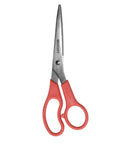 8 Inch All Purpose Stainless Steel Scissors For Paper Ribbon And Photos Red Handle Lightweight Comfort Grip Precision Cut Everyday Crafting Tool Ideal For Light Duty Projects. stainless steel scissors with red handle, front view