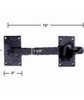 Built Tough Black Iron Fence Gate Latch With 12 Inch Long Bar Door Lock dimensions showing 5.25x3 inch backplates for installation.