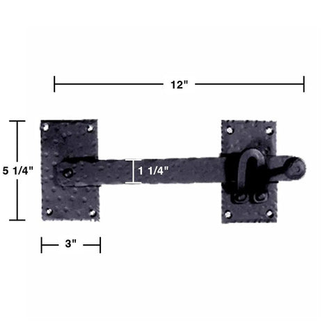 Built Tough Black Iron Fence Gate Latch With 12 Inch Long Bar Door Lock dimensions showing 5.25x3 inch backplates for installation.