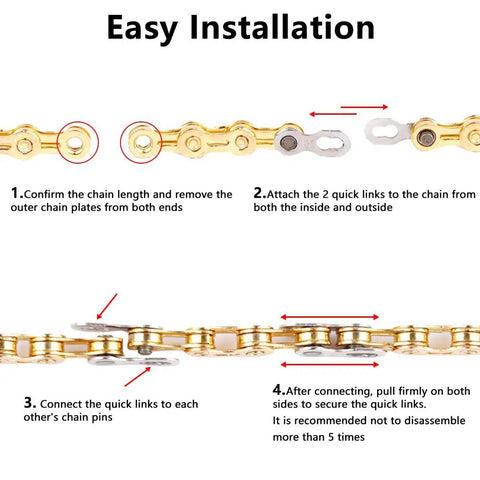 Instructions for installing 8 Pack 12 Speed Bike Chain Quick Link Set For Mountain And Road Bikes Reusable Steel Missing Link.