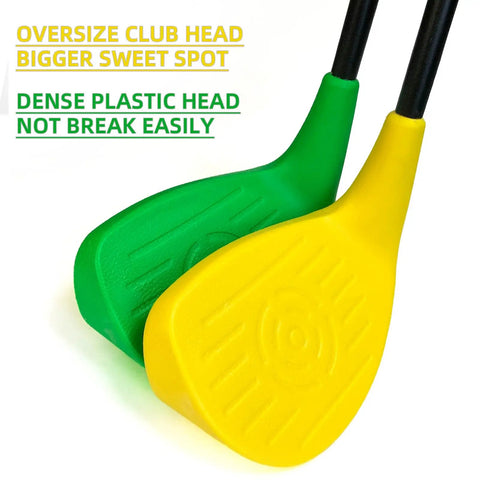 Close-up of Two Pack Adjustable Golf Club Set 23 To 39.5 Inch Length For Backyard Golf Fun Chipper with oversized club heads.