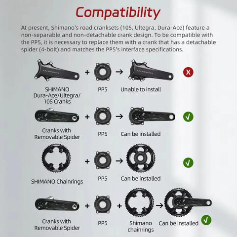 Compatibility chart for Dual Sided Cycling Power Meter For 110 BCD 4 Bolt Cranks With Easton Interface Cadence And Left Right Power Readouts BLE And ANT Plus Compatible Lightweight High Precision Meter For Road Bikes