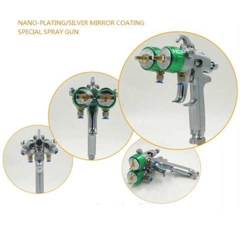 Pro Level Double Head Pneumatic Spray Gun With Stainless Steel Needle And Nozzle For Heavy Duty Industrial Painting Projects Featuring Tough As Nails Durability And Slick One Point Three Mm Tip Design, detailed view of dual head nozzles.