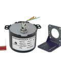 Front view of CHANCS synchronous micro motor with 110V AC, mounting bracket and red capacitor.