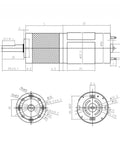 Technical blueprint of Compact DC Planetary Gear Motor with Center Output Shaft, 12V And 24V Adjustable Low Speed, 2160 RPM at 24V.