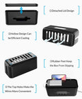 Extra Large Cable Management Box With Phone Stand showing detached lid, efficient cooling design, rubber feet, and convenient top holes.