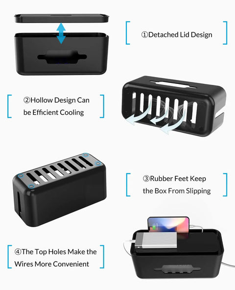 Extra Large Cable Management Box With Phone Stand showing detached lid, efficient cooling design, rubber feet, and convenient top holes.