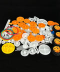 112 Piece Plastic Gear Set For DC Motors And RC Cars DIY Robots And Model Toys on display with gears, tires, and belts