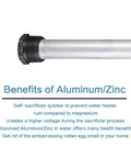 Heavy Duty RV Water Heater Anode Rods Aluminum Zinc Construction showing threaded end and benefits of material for corrosion protection.