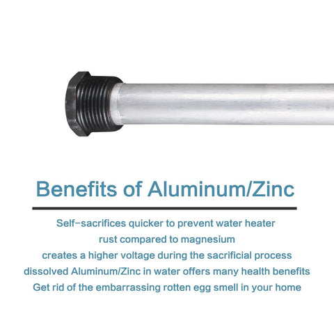 Heavy Duty RV Water Heater Anode Rods Aluminum Zinc Construction showing threaded end and benefits of material for corrosion protection.