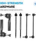 Front view of Amazon 8-piece suspension kit with front lower control arms, sway bars and tie rods for Chrysler Pacifica.
