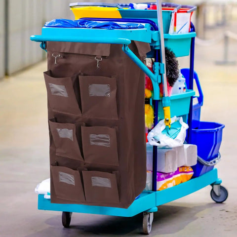 Front view of a Large Capacity Janitorial Cart Bag With Leakproof Design For Hotels And Housekeeping Carts on a cart.