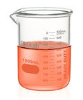 Heavy-Duty Glass Beaker 1000mL Thick-Walled 3.3 Borosilicate With Dual Scale Graduation, filled with orange liquid, clear glass