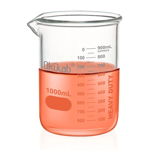 Heavy-Duty Glass Beaker 1000mL Thick-Walled 3.3 Borosilicate With Dual Scale Graduation, filled with orange liquid, clear glass