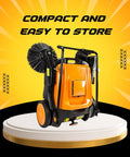 Heavy Duty 38 Inch Walk Behind Floor Sweeper With Triple Brush Setup And Twelve Gallon Hopper Crushes Debris Fast On Concrete And Asphalt Like A Champ For Warehouses, compact design.
