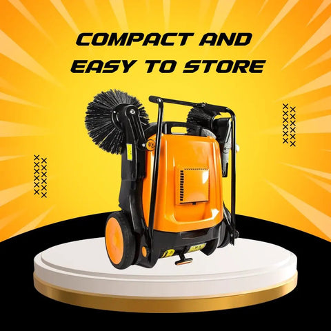 Heavy Duty 38 Inch Walk Behind Floor Sweeper With Triple Brush Setup And Twelve Gallon Hopper Crushes Debris Fast On Concrete And Asphalt Like A Champ For Warehouses, compact design.