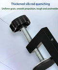 Close-up view of Pro Grade Woodworking C Clamps With 4 And 6 Inch Wide Range Extended Throat Depth Aluminum Table Clamp Multi Stage Adjustable with Fine Tuning Bolt 2 Pack For Ultra Tight Grips And Quick Slip Free Setup showcasing metal rod and adjusting knob.