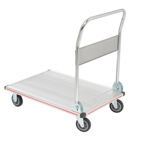 Roll Slick And Maneuver Easy Ultra Lightweight Aluminum Folding Platform Cart Features Quiet Rubber Casters With Cross Brace Handle And Vinyl Bumpers Built Solid For Warehouse Hauls