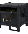 Hideaway Garden Hose Reel Storage Box For 100Ft 5/8 Inch Hose Resin Outdoor Container, showing black box with hand-crank.