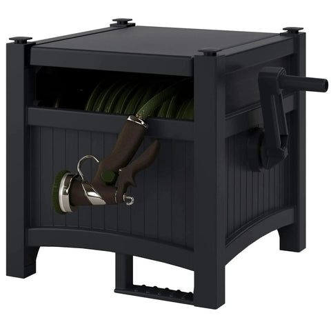 Hideaway Garden Hose Reel Storage Box For 100Ft 5/8 Inch Hose Resin Outdoor Container, showing black box with hand-crank.