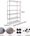 4 Tier Stainless Steel Storage Rack Heavy Duty Utility Shelf With Sweet Rolling Casters And No Hassle Adjustable Height For Kitchen Garage Office Space Saving Wire Shelving Rack 150 cm tall with hooks and wheels.
