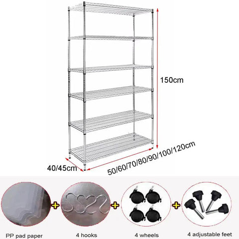 4 Tier Stainless Steel Storage Rack Heavy Duty Utility Shelf With Sweet Rolling Casters And No Hassle Adjustable Height For Kitchen Garage Office Space Saving Wire Shelving Rack 150 cm tall with hooks and wheels.