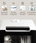 No Plumbing Headache Game Changer Countertop Dishwasher With Eight Knockout Clean Cycles displaying features like delayed start and self-clean.