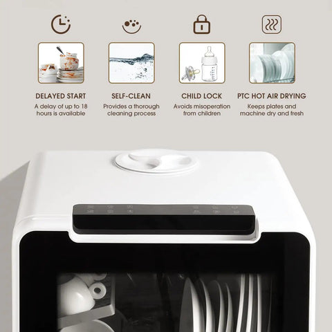 No Plumbing Headache Game Changer Countertop Dishwasher With Eight Knockout Clean Cycles displaying features like delayed start and self-clean.