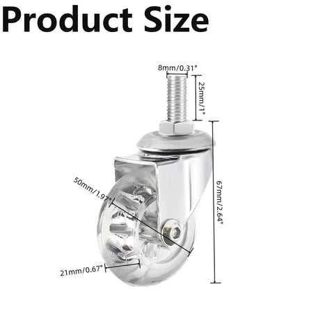 Heavy Duty 2 Inch PU Rubber Swivel Caster M8 Threaded Stem with dimensions, chrome plated bracket and clear wheel design.