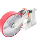 Kickass 8 Inch Heavy Duty Gate Caster Wheel Providing A Sweet 800 Pound Load Capacity For Ultra Smooth Door Rolling And Anti Sag Stability Made For Zero Fuss Installation, featuring a red wheel and steel mounting.