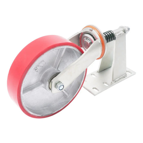 Kickass 8 Inch Heavy Duty Gate Caster Wheel Providing A Sweet 800 Pound Load Capacity For Ultra Smooth Door Rolling And Anti Sag Stability Made For Zero Fuss Installation, featuring a red wheel and steel mounting.