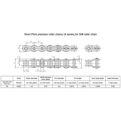 Technical drawing of 50# short pitch roller chain dimensions for 50B9 9 Tooth Roller Chain Sprocket Type B With Three Quarter Inch Bore