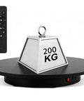 Upgraded 360 Degree Electric Turntable Display Stand With Remote Control For Professional Product Photography And Video Shoots That Boasts Adjustable Speed Rotation Modes, Sturdy Build, And Massive 440 Lb Load Capacity In Sleek Black Finish To Make Your showcasing a 200 KG weight on a black 24-inch turntable with remote control.