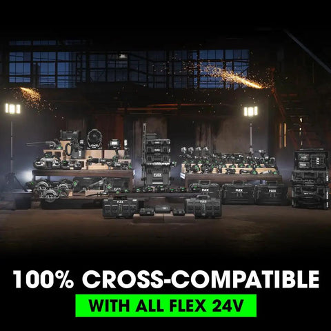 Various FLEX 24V tools and accessories displayed on shelves, showcasing compatibility with all FLEX 24V products.