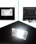 JUDYSSY Outdoor Led Floodlights with Remote Control, showcasing a front and back view of the sleek design and light output.