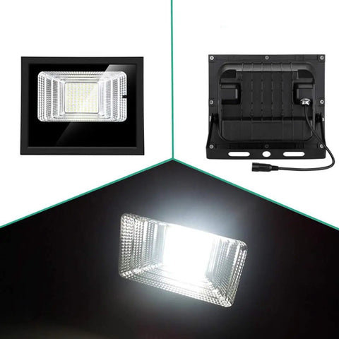JUDYSSY Outdoor Led Floodlights with Remote Control, showcasing a front and back view of the sleek design and light output.